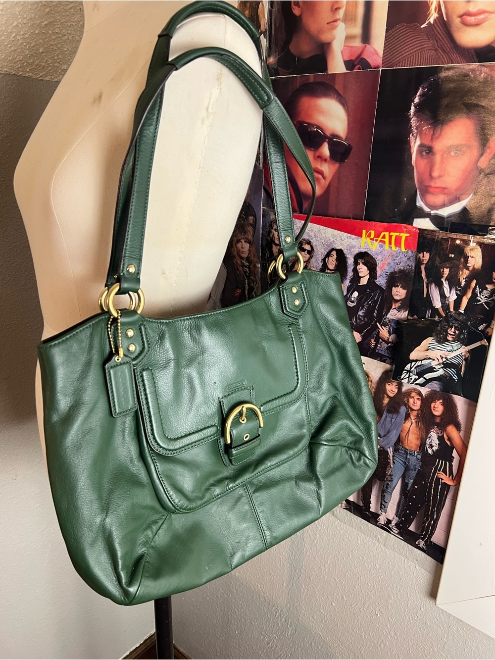 Authentic COACH Green Leather Shoulder Bag with Gold Hardware